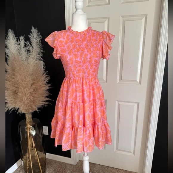 J. MARIE THE ANDI RUCHED Mini DRESS Pink/Orange Floral Print 
size Small - Picture 6 of 12